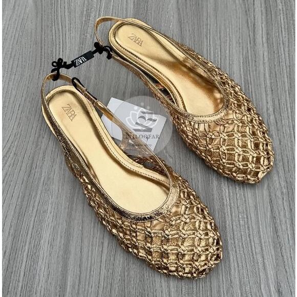 ZARA Metallic Ballet Flats NWT Gold Slingback Size 10 - Picture 5 of 15